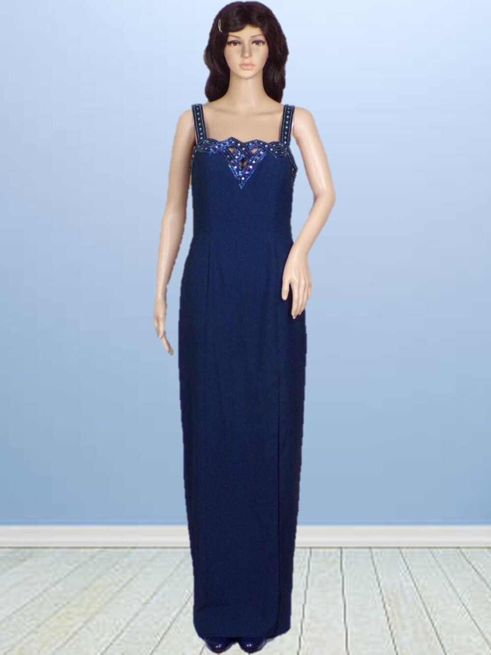 PARTY TIME size 10 navy-blue full-length sleeveless ball gown 100% polyester